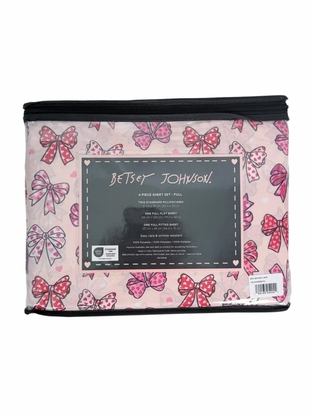 Betsey Johnson Pink Bow Heart Full Sheet Set 4 Piece Bedding Set